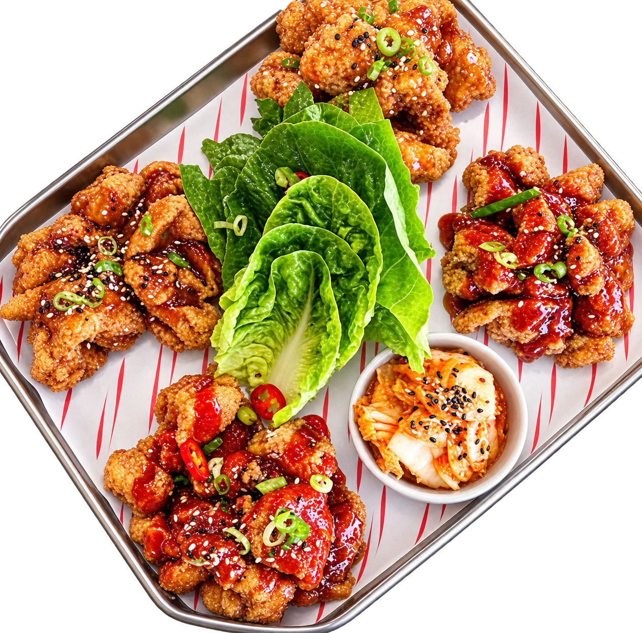 Green Choy glazed Korean fried chicken platter with kimchi and fresh greens